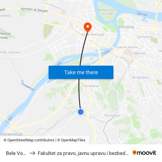 Bele Vode to Fakultet za pravo, javnu upravu i bezbednost map