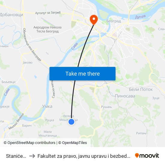 Stanićeva to Fakultet za pravo, javnu upravu i bezbednost map