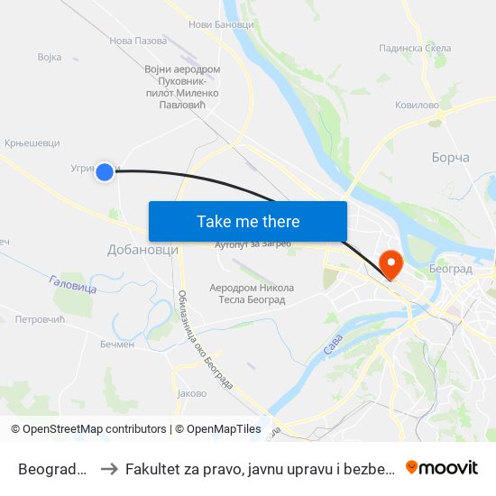 Beogradska to Fakultet za pravo, javnu upravu i bezbednost map