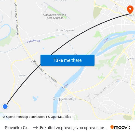 Slovačko Groblje to Fakultet za pravo, javnu upravu i bezbednost map