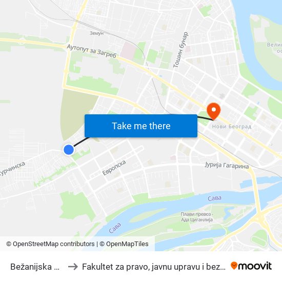 Bežanijska Kosa to Fakultet za pravo, javnu upravu i bezbednost map