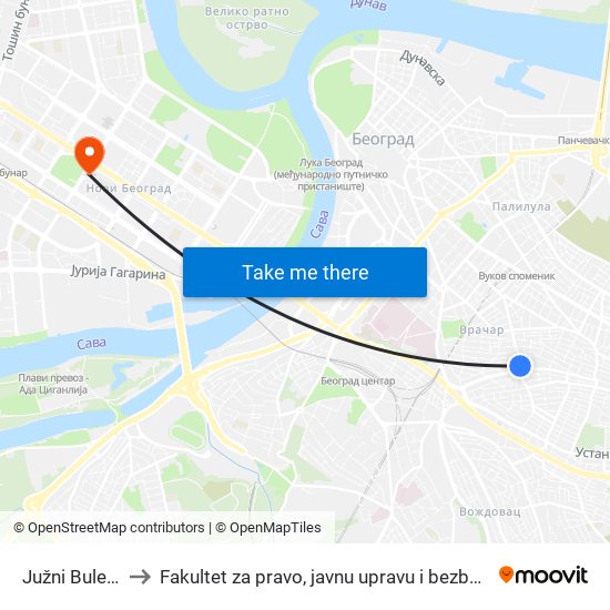 Južni Bulevar to Fakultet za pravo, javnu upravu i bezbednost map