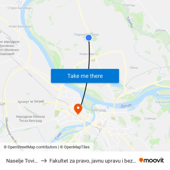 Naselje Tovilište to Fakultet za pravo, javnu upravu i bezbednost map