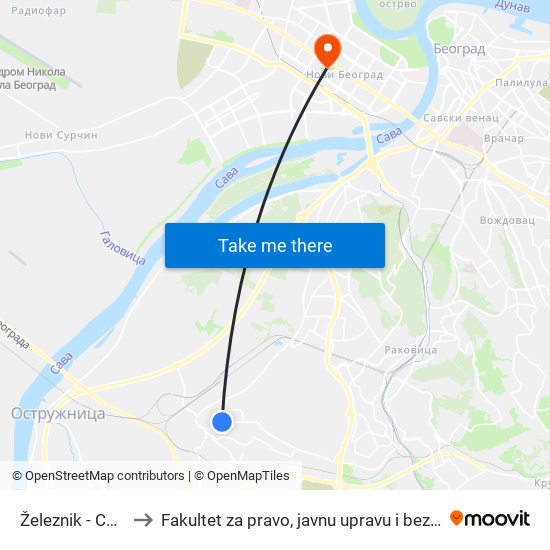 Železnik - Centar to Fakultet za pravo, javnu upravu i bezbednost map