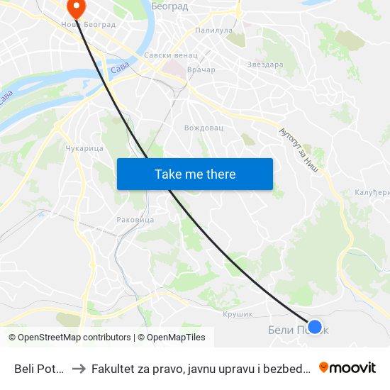 Beli Potok to Fakultet za pravo, javnu upravu i bezbednost map