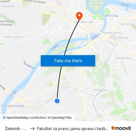 Železnik - Ulaz to Fakultet za pravo, javnu upravu i bezbednost map