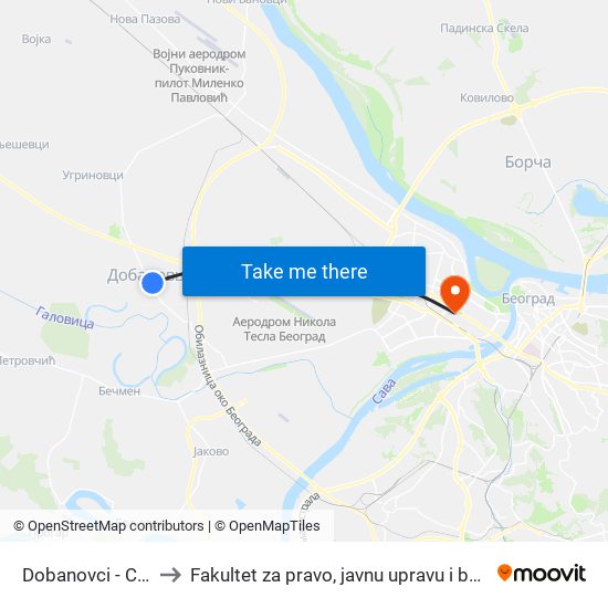 Dobanovci - Centar to Fakultet za pravo, javnu upravu i bezbednost map