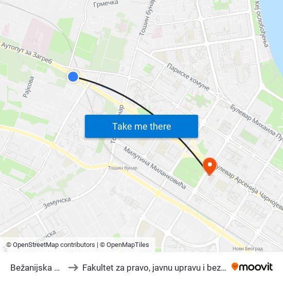 Bežanijska Kosa to Fakultet za pravo, javnu upravu i bezbednost map