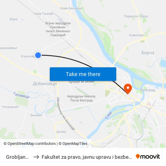 Grobljanska to Fakultet za pravo, javnu upravu i bezbednost map