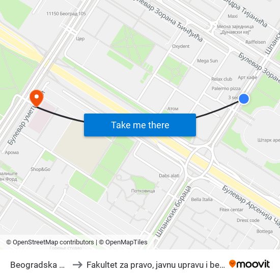 Beogradska Arena to Fakultet za pravo, javnu upravu i bezbednost map