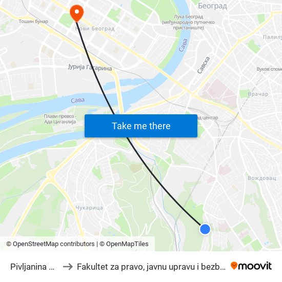 Pivljanina Baje to Fakultet za pravo, javnu upravu i bezbednost map