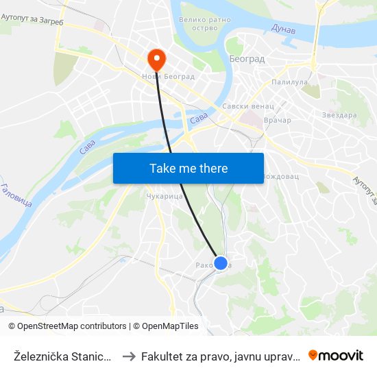 Železnička Stanica Rakovica to Fakultet za pravo, javnu upravu i bezbednost map