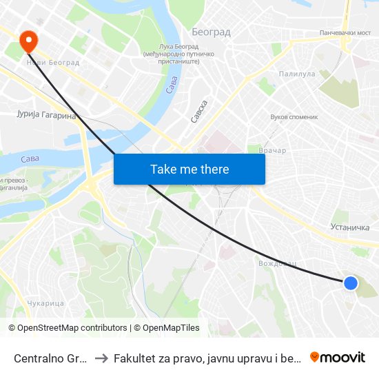 Centralno Groblje to Fakultet za pravo, javnu upravu i bezbednost map