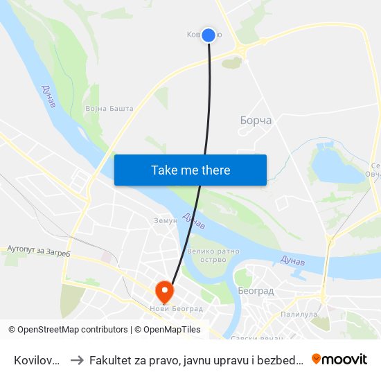 Kovilovo 1 to Fakultet za pravo, javnu upravu i bezbednost map