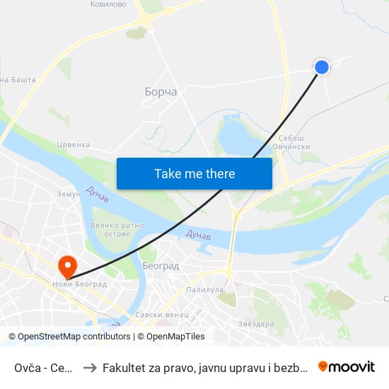 Ovča - Centar to Fakultet za pravo, javnu upravu i bezbednost map