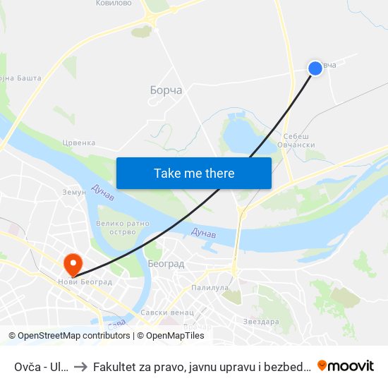 Ovča - Ulaz to Fakultet za pravo, javnu upravu i bezbednost map