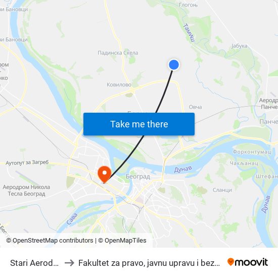 Stari Aerodrom to Fakultet za pravo, javnu upravu i bezbednost map