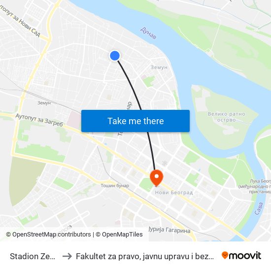 Stadion Zemun to Fakultet za pravo, javnu upravu i bezbednost map