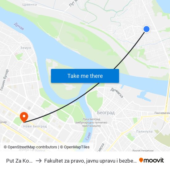 Put Za Kotež to Fakultet za pravo, javnu upravu i bezbednost map