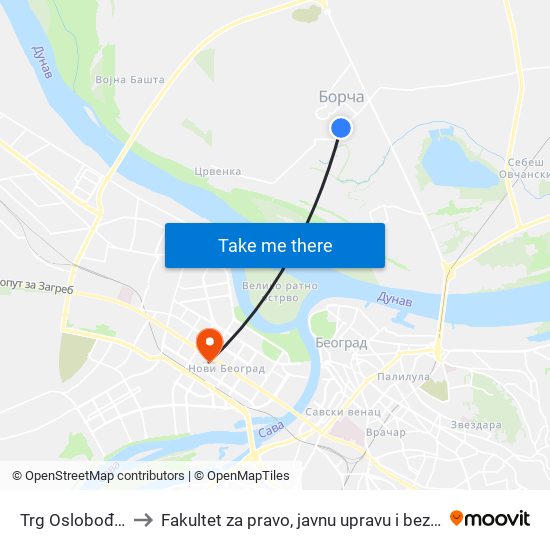 Trg Oslobođenja to Fakultet za pravo, javnu upravu i bezbednost map