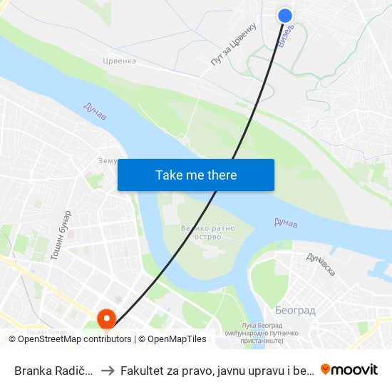 Branka Radičevića to Fakultet za pravo, javnu upravu i bezbednost map