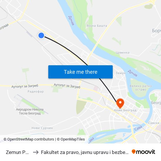 Zemun Polje to Fakultet za pravo, javnu upravu i bezbednost map