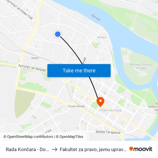 Rada Končara - Dom Zdravlja to Fakultet za pravo, javnu upravu i bezbednost map