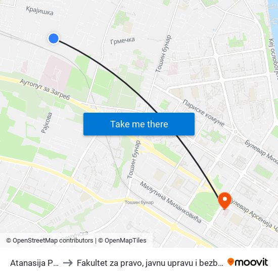 Atanasija Pulje to Fakultet za pravo, javnu upravu i bezbednost map