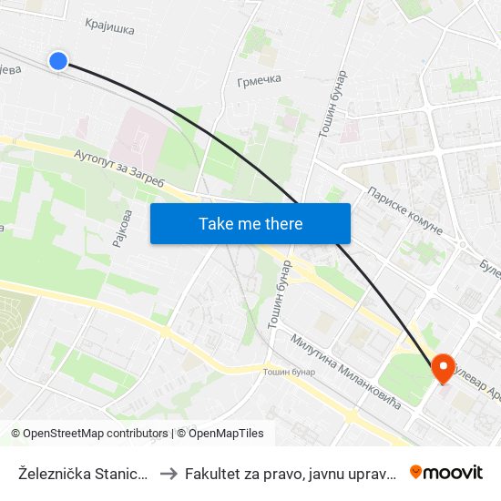 Železnička Stanica - Zemun to Fakultet za pravo, javnu upravu i bezbednost map