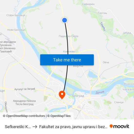 Sefkereški Kanal to Fakultet za pravo, javnu upravu i bezbednost map