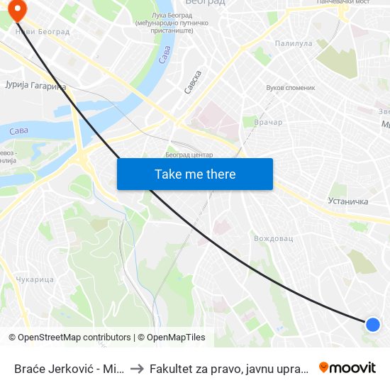 Braće Jerković - Mitrovo Brdo to Fakultet za pravo, javnu upravu i bezbednost map