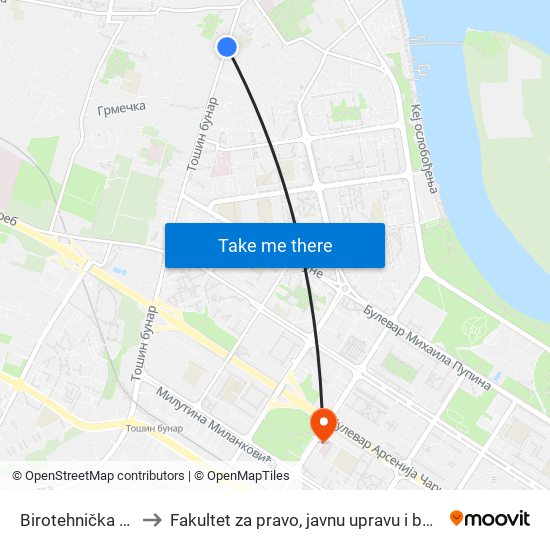 Birotehnička Škola to Fakultet za pravo, javnu upravu i bezbednost map