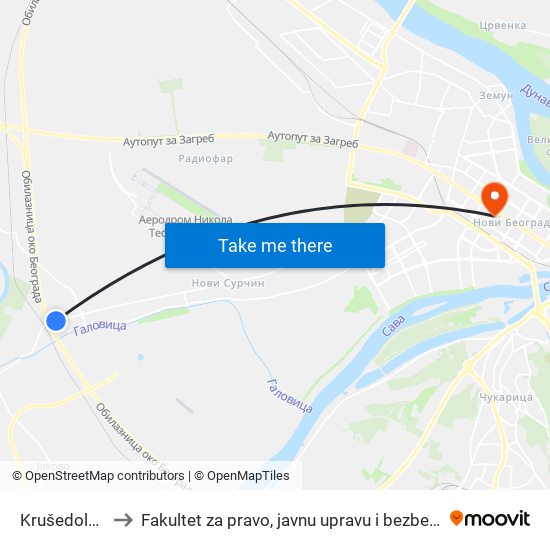 Krušedolska to Fakultet za pravo, javnu upravu i bezbednost map