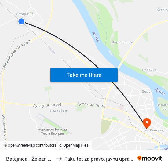 Batajnica - Železnička Stanica to Fakultet za pravo, javnu upravu i bezbednost map