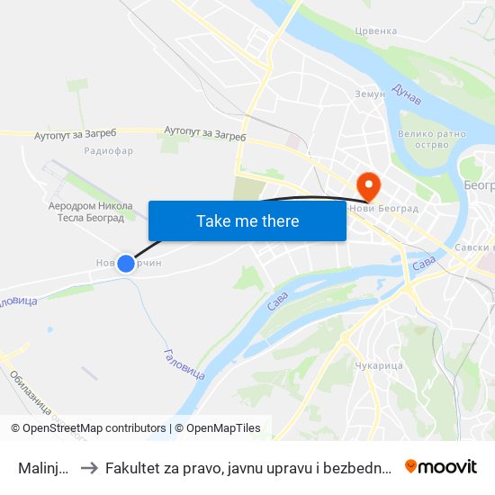 Malinjak to Fakultet za pravo, javnu upravu i bezbednost map