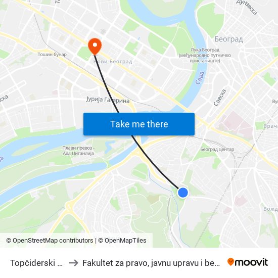 Topčiderski Park to Fakultet za pravo, javnu upravu i bezbednost map