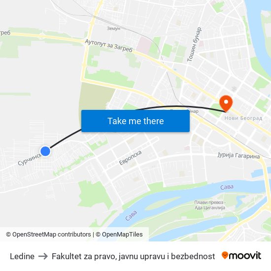 Ledine to Fakultet za pravo, javnu upravu i bezbednost map