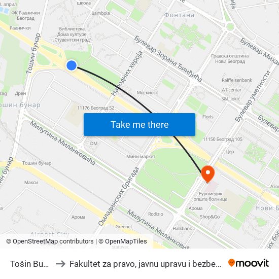 Tošin Bunar to Fakultet za pravo, javnu upravu i bezbednost map