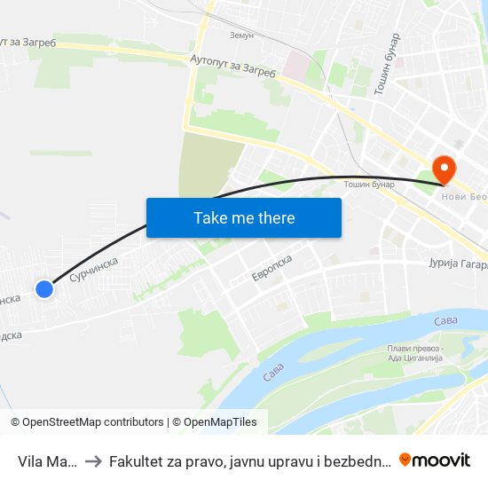 Vila Mara to Fakultet za pravo, javnu upravu i bezbednost map