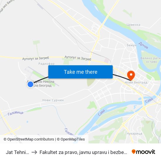 Jat Tehnika to Fakultet za pravo, javnu upravu i bezbednost map