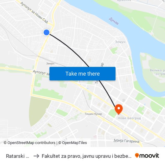 Ratarski Put to Fakultet za pravo, javnu upravu i bezbednost map