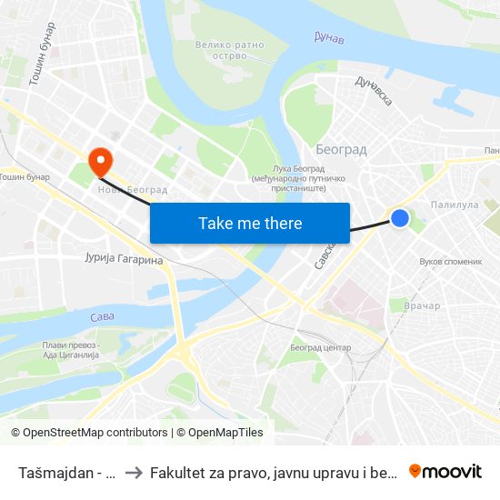 Tašmajdan - Park to Fakultet za pravo, javnu upravu i bezbednost map