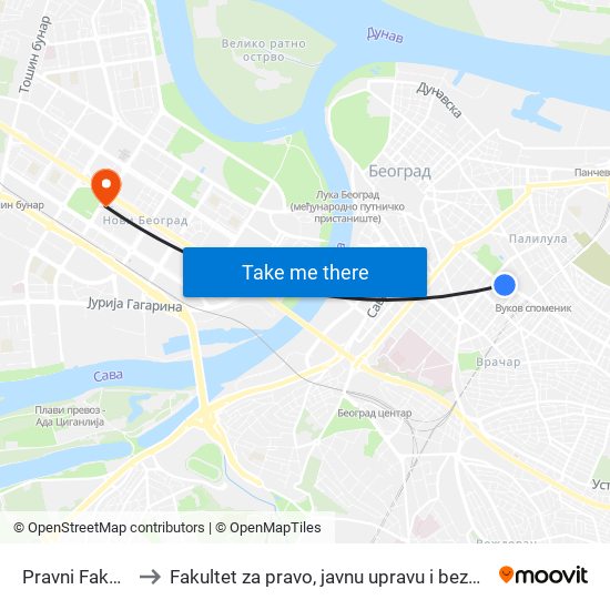 Pravni Fakultet to Fakultet za pravo, javnu upravu i bezbednost map