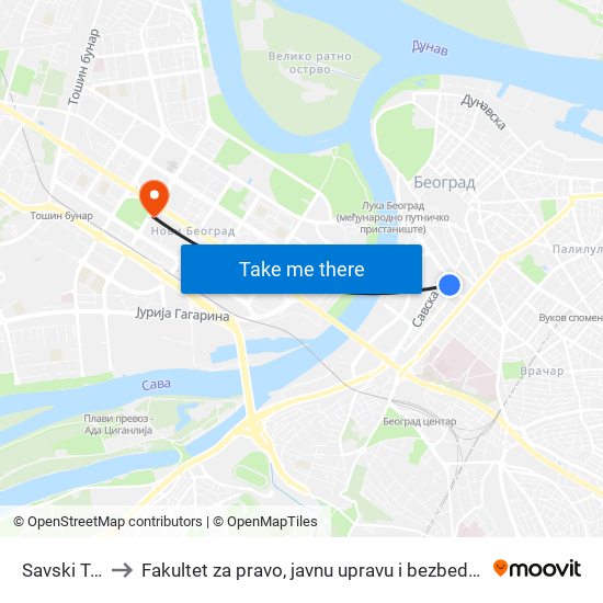 Savski Trg to Fakultet za pravo, javnu upravu i bezbednost map