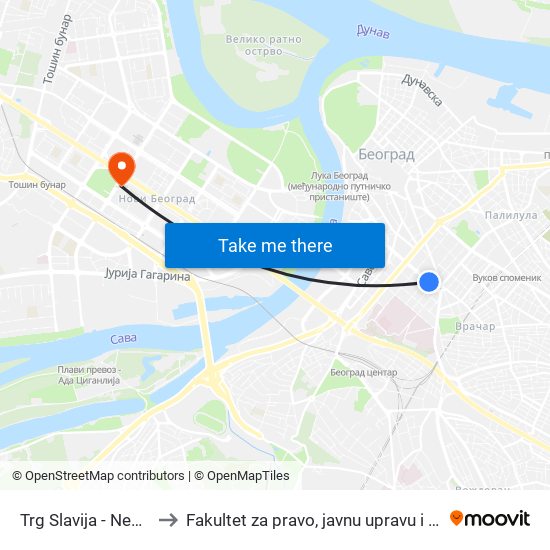 Trg Slavija - Nemanjina to Fakultet za pravo, javnu upravu i bezbednost map