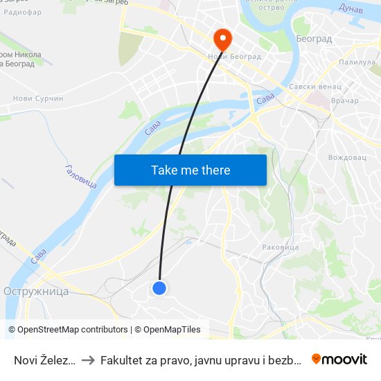 Novi Železnik to Fakultet za pravo, javnu upravu i bezbednost map