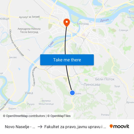 Novo Naselje - Rušanj to Fakultet za pravo, javnu upravu i bezbednost map