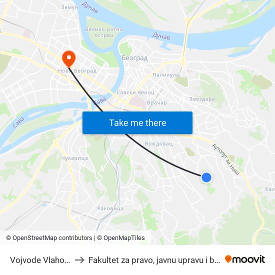 Vojvode Vlahovića 1 to Fakultet za pravo, javnu upravu i bezbednost map