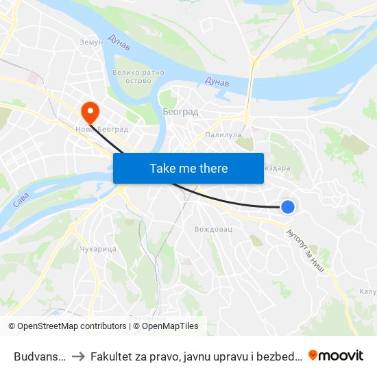 Budvanska to Fakultet za pravo, javnu upravu i bezbednost map