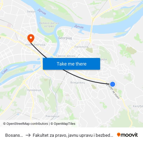 Bosanska to Fakultet za pravo, javnu upravu i bezbednost map